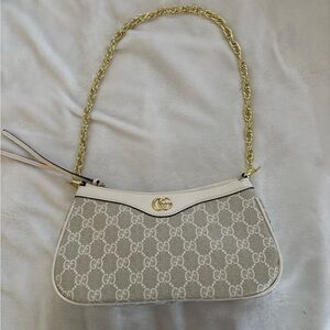 Monogram/ duplicate Beige and Cream Shoulder Bag with Gold Chain